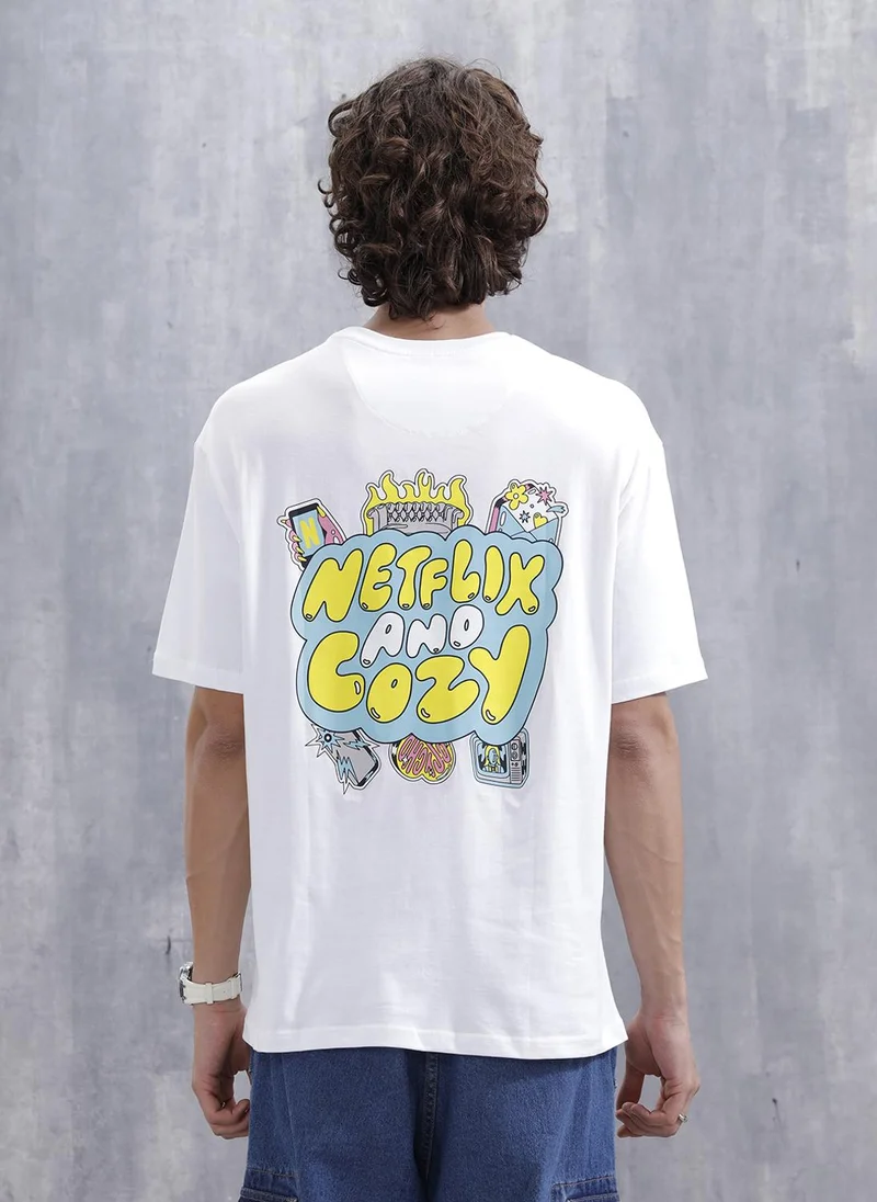 Wrogn Casual Men’s Oversized T-Shirt Featuring Netflix | White